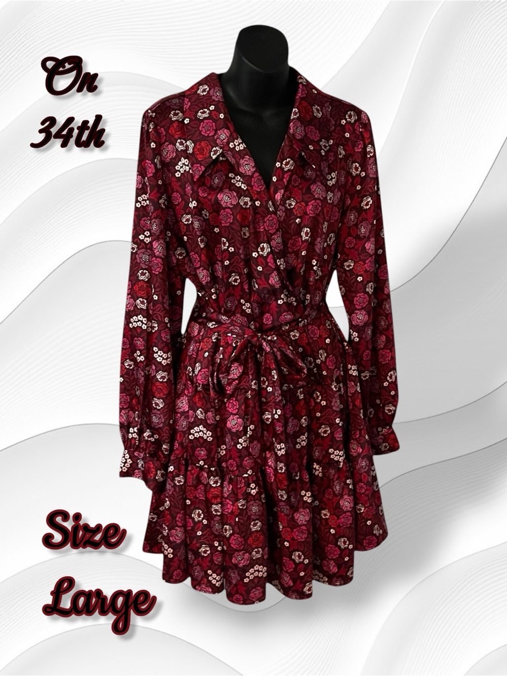 ON 34th Women's Floral Print Satin Collared Wrap Mini Dress Burgundy Red Large